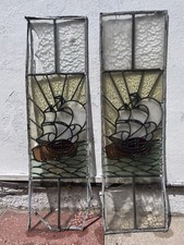 Pair Of Nautical Themed Lead Light Coloured Glass Panels