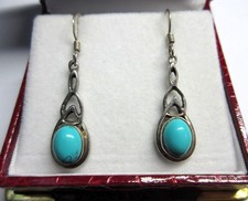 Vintage STERLING SILVER & TURQUOISE Celtic Design Drop, Dangle EARRINGS