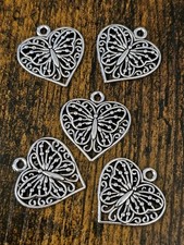 5 heart butterfly silver tone charms / small  pendants for Jewellery Making