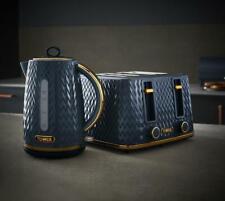 Tower Empire Kettle & 4 Slice Toaster Matching Set Midnight Blue Brass Accents