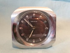 Vintage Wehrle HIT Silver Brushed Metal Mechanical Hand-Winding Alarm Clock GC