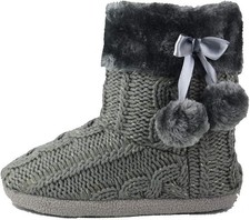 Airee Fairee Indoor Slipper Boots with Knitted Front & Two Cute Pompoms
