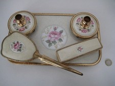 VINTAGE VANITY DRESSING TABLE TRAY BRUSH SET PORCELAIN ROSE INSERTS DECORATIONS