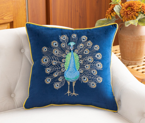 Navy velvet peacock cushion - velvet,