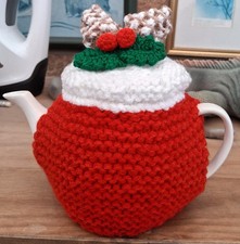 Hand Knitted Red Christmas Pudding Tea Cosy For A Small Teapot (1 - 2 CUP)