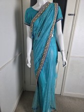 Blue Net Diamante Saree Sari