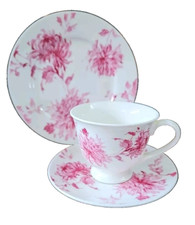 LAURA ASHLEY FLORAL PINK CHRYSANTHEMUM Trio Cup, Saucer & Side Plate Set