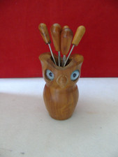 Vintage, Hand Carved Hardwood Owl Holder with  Olive Picks forks