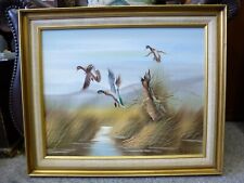 Retro Vintage kitsch framed Oil on board Flying ducks painting C Walker 1960 60s