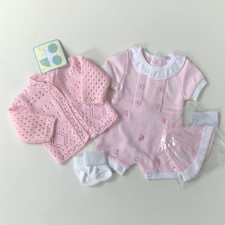 Premature tiny baby girls clothes romper hat cardigan socks pink/ white 3-5 lbs
