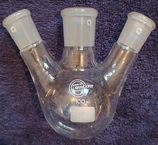 QUICKFIT 100 ml 3 NECK ROUND BOTTOM FLASK LABORATORY GLASSWARE VERY GOOD COND