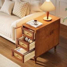 Solid Wood End Table with 3 Drawers, Narrow Sofa Side Table with Rattan Front