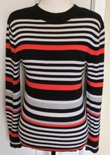 Ladies Size 8/10 Unbranded Black/White/Red Striped Skinny Rib High Neck Jumper