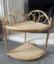 Vintage Bohemian Boho Bamboo Cane 2 Tier Corner Wall Shelf Display Stand