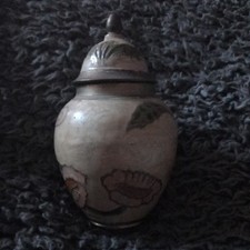 Small Vintage Metal Vase urn 10.5 cm  Brass Colour Enamel Floral Design