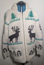 Vintage 1950s Cowichan Knit Zip Jacket/Sweater 100% Wool-Reindeer&Tree Print