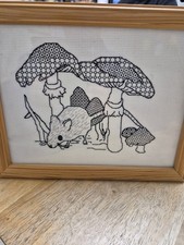 Vintage Blackwork Folk Art Embroidery Field Mouse/Mushrooms