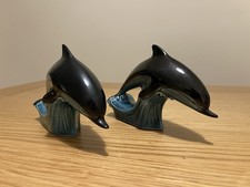 Pair of Vintage Poole Pottery Blue and Black Dolphins Size 16.5cm long