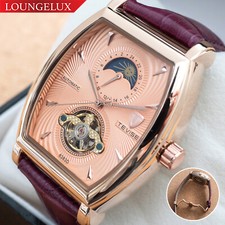 Mens Rose Gold Moon Phase Automatic Mechanical Watch Purple Leather 24HR Dial