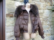 Brown Warm Padded Zipped Puffa Cuffed Bomber Jacket Thick Raccoon Fur Collar M
