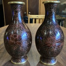 Brass 8" Vase Cloisonne red &