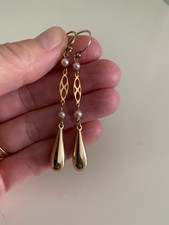 Antique 9ct  gold and pearl Edwardian drop bombe torpedo earrings