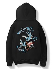 Niepce Men's Japanese Streetwear Sweatshirt Blue Phoenix Embroidered Hoodie