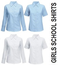 2x Girls School Shirt Blouse Top WHITE BLUE Uniform Short Long Sleeve 3-18yrs
