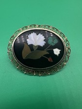 Vintage PETRA DURA 800 Fine Silver Stone Mosaic Floral Pin Brooch Filigree