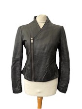 Zara Basics Black Leather Collarless Biker Jacket Size L  UK 12 Women’s