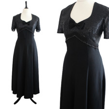 Vintage 1980 Black Maxi Dress Beaded Sequin Bow Short Sleeve Long Dress M