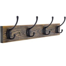 Wall Mounted Coat Rack Entryway Hanging  Metal Wood Rack with 4 Black Literar...