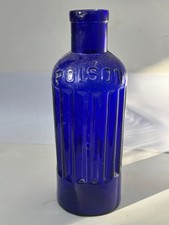 60230 Old Vintage Antique Glass Blue Poison Bottle Round Chemist Kilner Patent