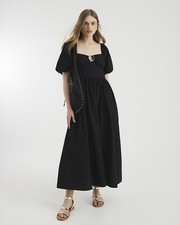 River Island Womens Midi Dress Black Short Sleeve Ring Detail Short Puff Sleeve