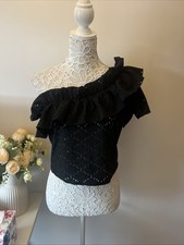 Zara Size L Cropped One Shoulder Asymmetrical Top Bordelaise Black Ruffles