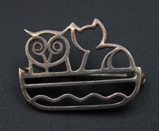 ROBERT WELCH .925 STERLING SILVER 1980s 28mm Owl & Pussycat Brooch, 2.69g - CD4