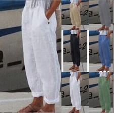 Plus Size Ladies Cotton Linen Casual Long Pants Womens Solid Straight Trousers