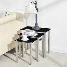 Rectangular Nest Of 3 Tempered Glass Nested Tables Stainless Steel Side Table UK