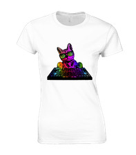 CAT DJ LADIES T SHIRT MUSIC GARAGE HOUSE DANCE KITTEN ANIMAL LOVER CUTE COOL