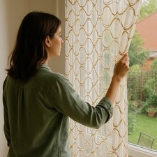 Vintage 70s Open Woven Net Curtain Cream Beige Wool Circle Pattern 96"W x 87L VG