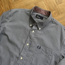 FRED PERRY Gingham Check Long Sleeve Shirt Blue and White Size Large Mod 60s