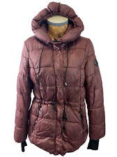 STEVE MADDEN COAT JACKET MEDIUM RUSTY BROWN Lycra Cuff Puffer Filled Hood Midi
