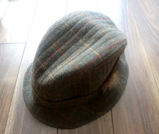 TWEED Olney Trilby Feather Hat Brown Herringbone 100% Wool Size 7 1/8 58