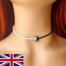 Yin/Ying Yang/Feng Shui Charm Pendant Necklace Black White Seed Beads Choker UK