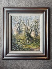 Mervyn Goode Original Oil On Canvas Hedgerow Ash Trees Shadows Through The Gate