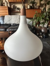 Vintage 1970s Danish White Cased Glass Holmegaard Pendant Light - Teak Finial
