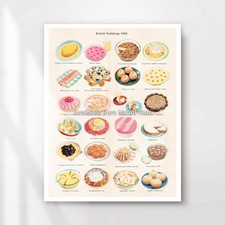 Kitchen Cute PUDDINGS Food Chart Art Print Poster 1950s 1960s Decor Wall Picture