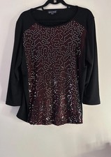 Saloos Black Burgundy Sequin Embellished Long Sleeve Top UK 16 Party Blouse