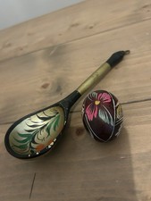 Vintage Hand-Painted Russian Khokhloma Wooden Spoon & Lacquered Egg Mid Century