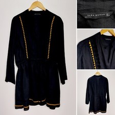 Zara Black Linen Pom-Pom Tassel Trim Drawstring Waist Dress Size Large